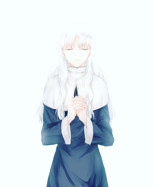 1girl, caren_hortensia, closed_eyes, dress, fate/hollow_ataraxia, fate_(series), habit, long_hair, norio_(chiki!chiki!), nun, solo, white_hair