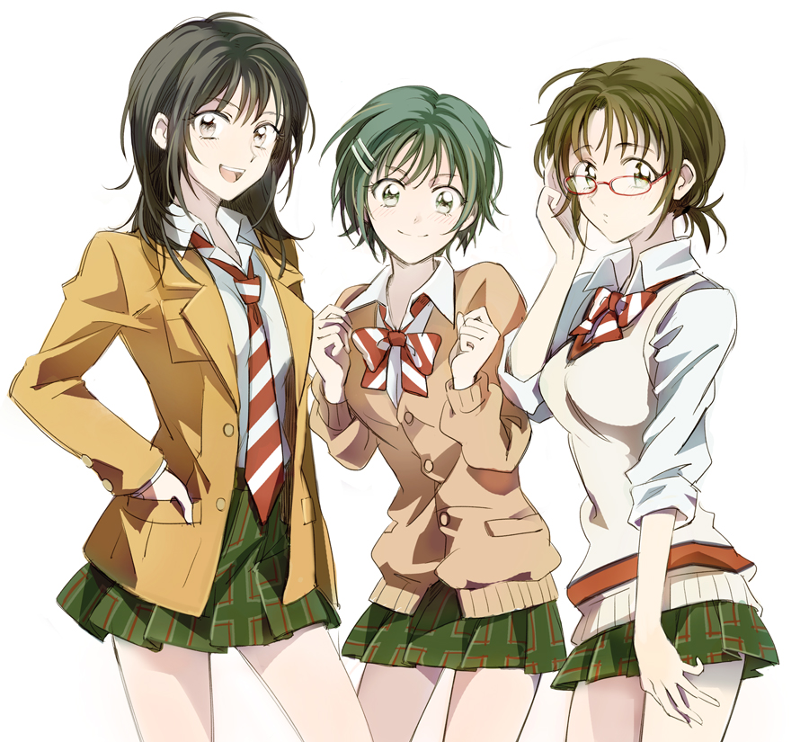 3girls, black_eyes, black_hair, bowtie, brown_hair, coppelion, fukasaku_aoi, glasses