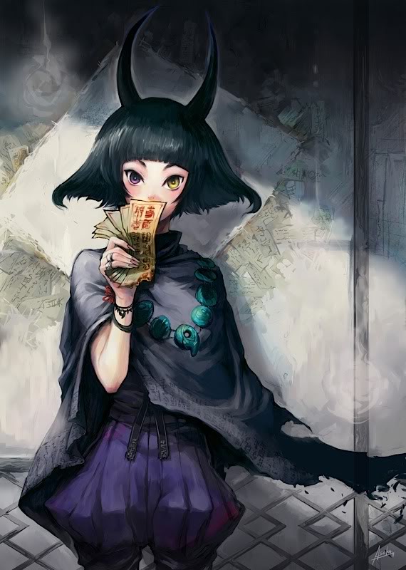 asuka111, cape, cloak, covering_mouth, heterochromia, horns, magatama, money