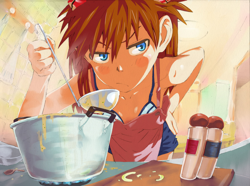apron, bent_over, blue_eyes, blush, bra, cooking, fisheye, frown