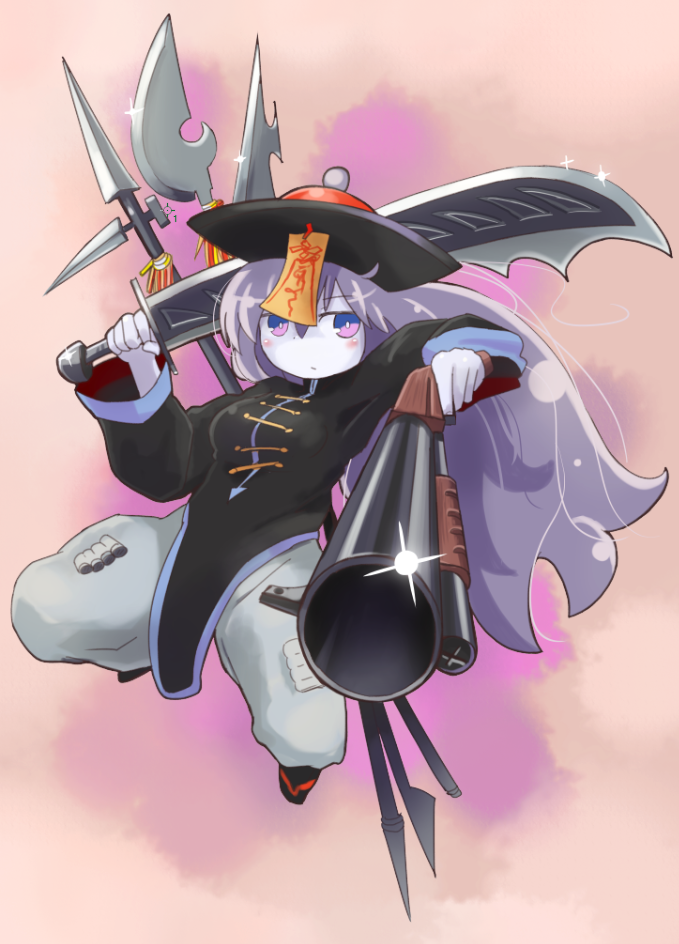 1girl, aiming_at_viewer, dual_wielding, hat, jiangshi, long_hair, ofuda, original
