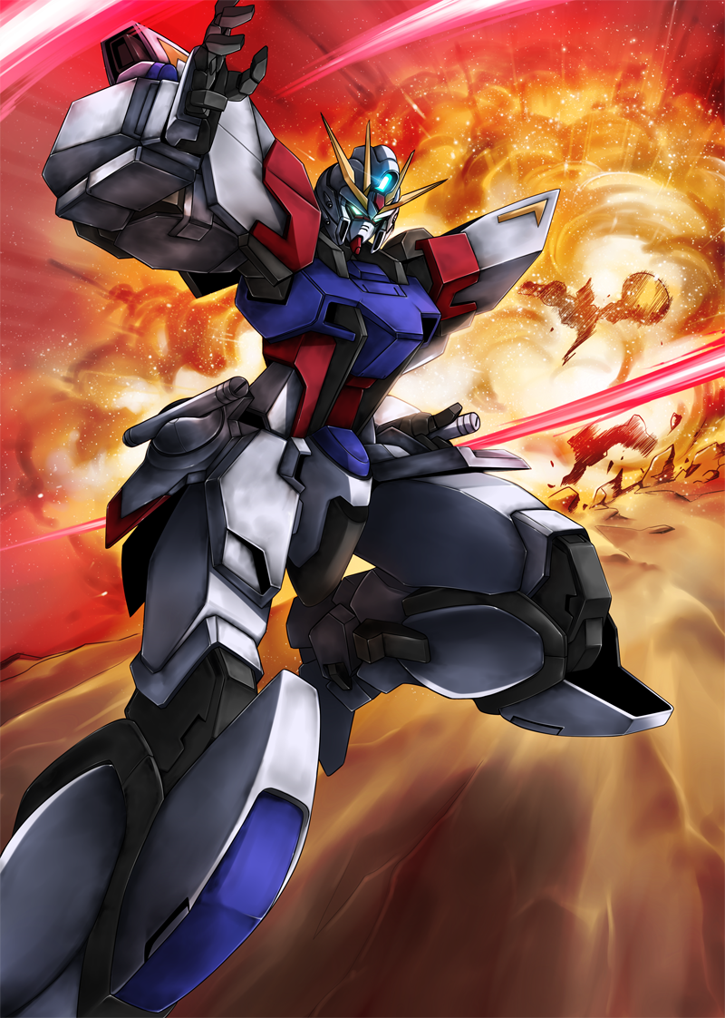 build_strike_gundam, energy_sword, explosion, gundam, gundam_build_fighters, gyan, haganef, mecha