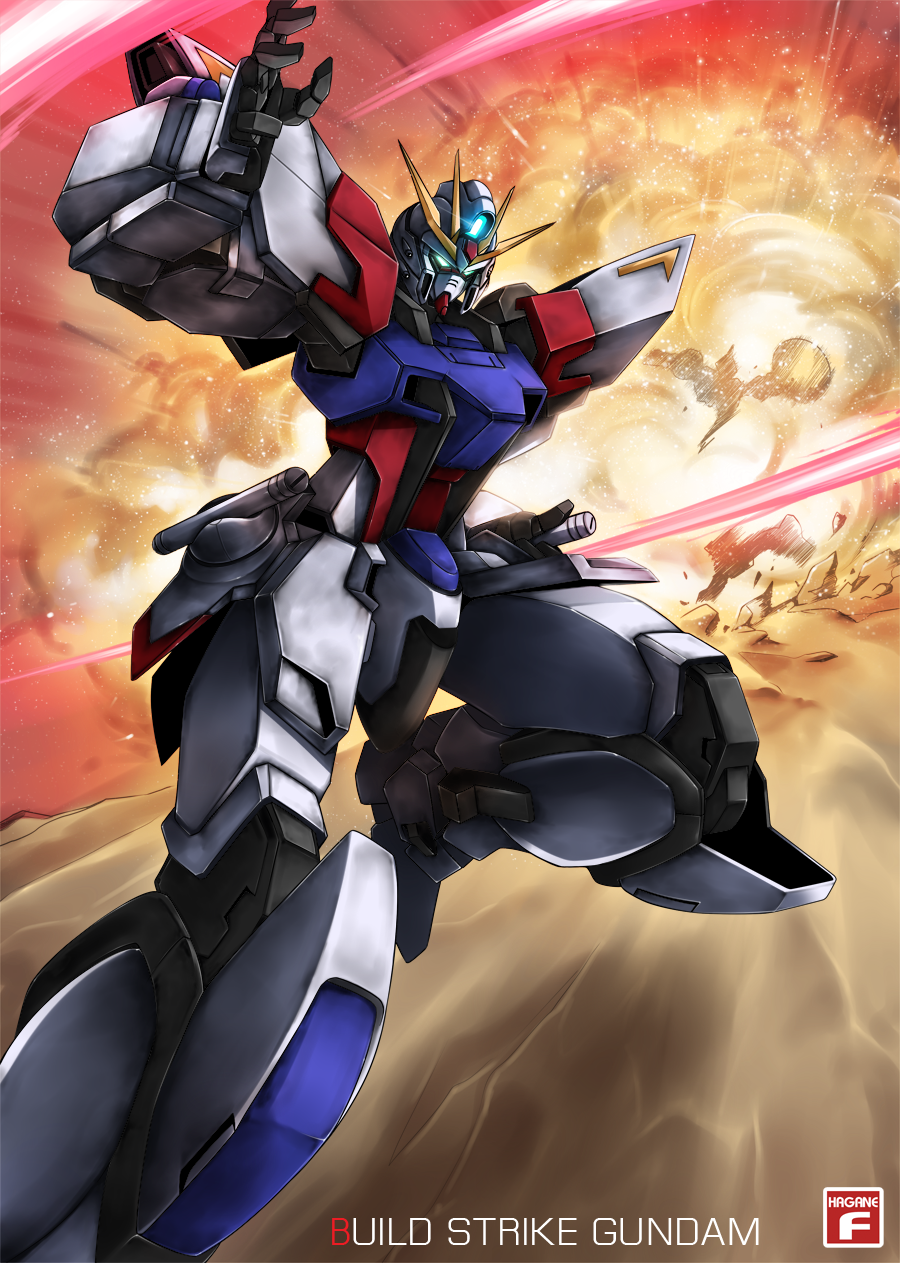 artist_name, build_strike_gundam, character_name, energy_sword, explosion, gundam, gundam_build_fighters, gyan