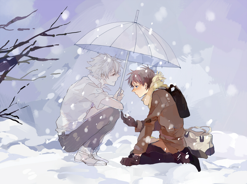2boys, bag, blue_eyes, brown_hair, coat, gloves, grey_hair, ikari_shinji