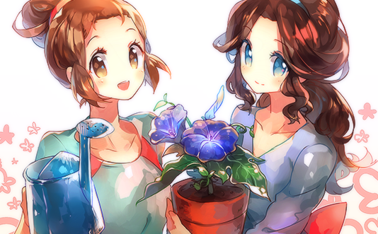 2girls, blue_hair, brown_hair, flower, green_hair, hair_bun, hairband, long_hair