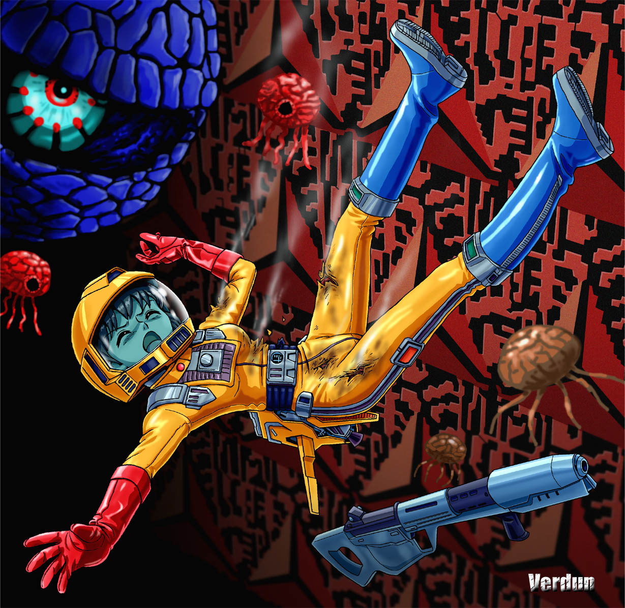 1girl, alien, asphyxiation, astronaut, bad_end, baraduke, boots, brain, damaged, defeat, energy_cannon, falling, floating, flying, gloves, helmet, jetpack, monster, namco, science_fiction, signature, spacesuit, tentacles, toby_masuyo, torn_clothes, verdun_(artist)