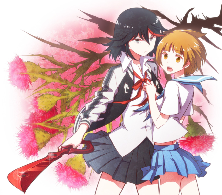 2girls, aihara_kaya, black_hair, blue_eyes, brown_eyes, brown_hair, flower, jacket