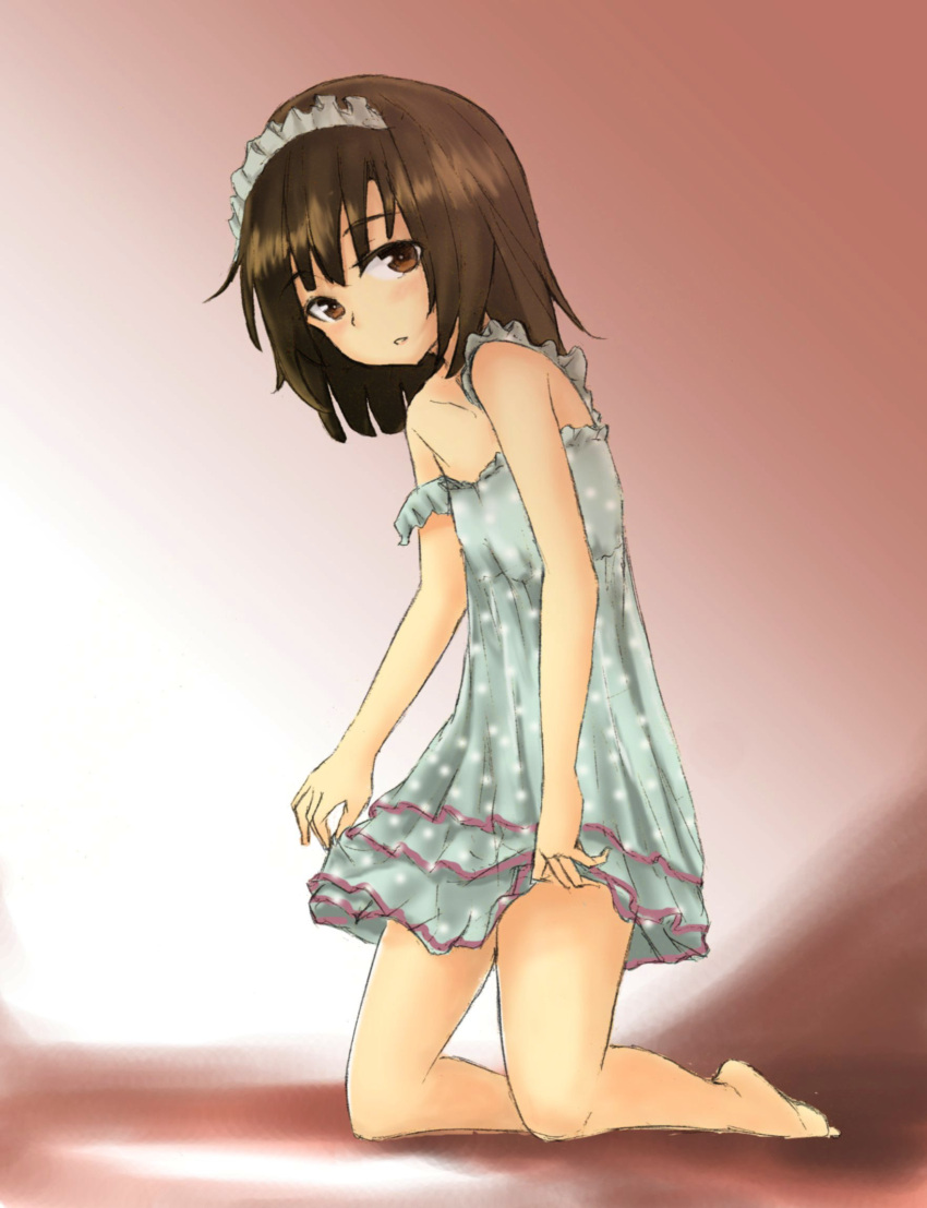 1girl, brown_eyes, brown_hair, hairband, highres, kosdsp, monogatari_(series), nightgown, otorimonogatari, sengoku_nadeko, short_hair, solo, strap_slip