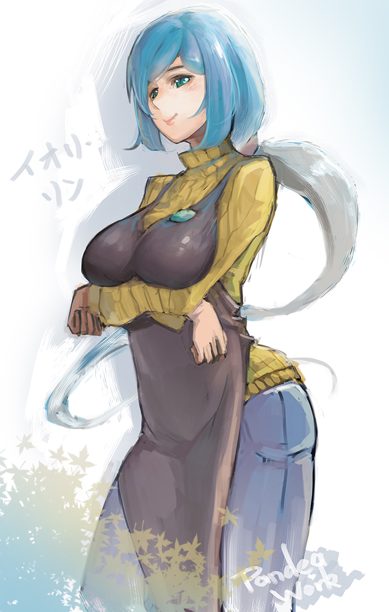 1girl, apron, aqua_eyes, blue_hair, breasts, crossed_arms, gundam, gundam_build_fighters
