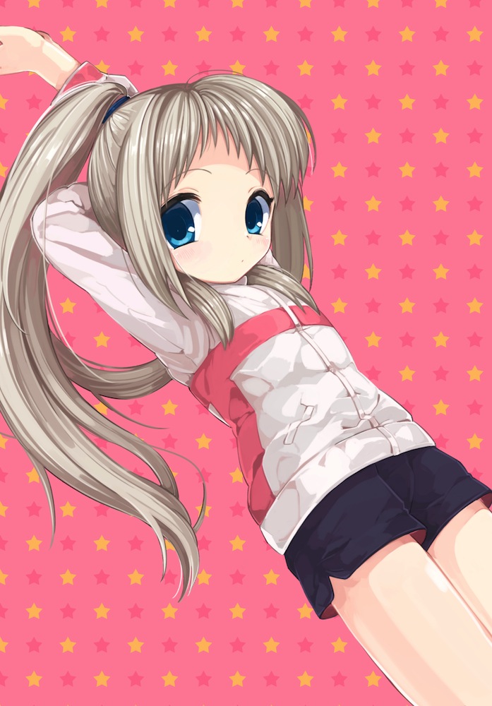 1girl, arms_up, jacket, little_busters!!, long_hair, noumi_kudryavka, ponytail, shorts