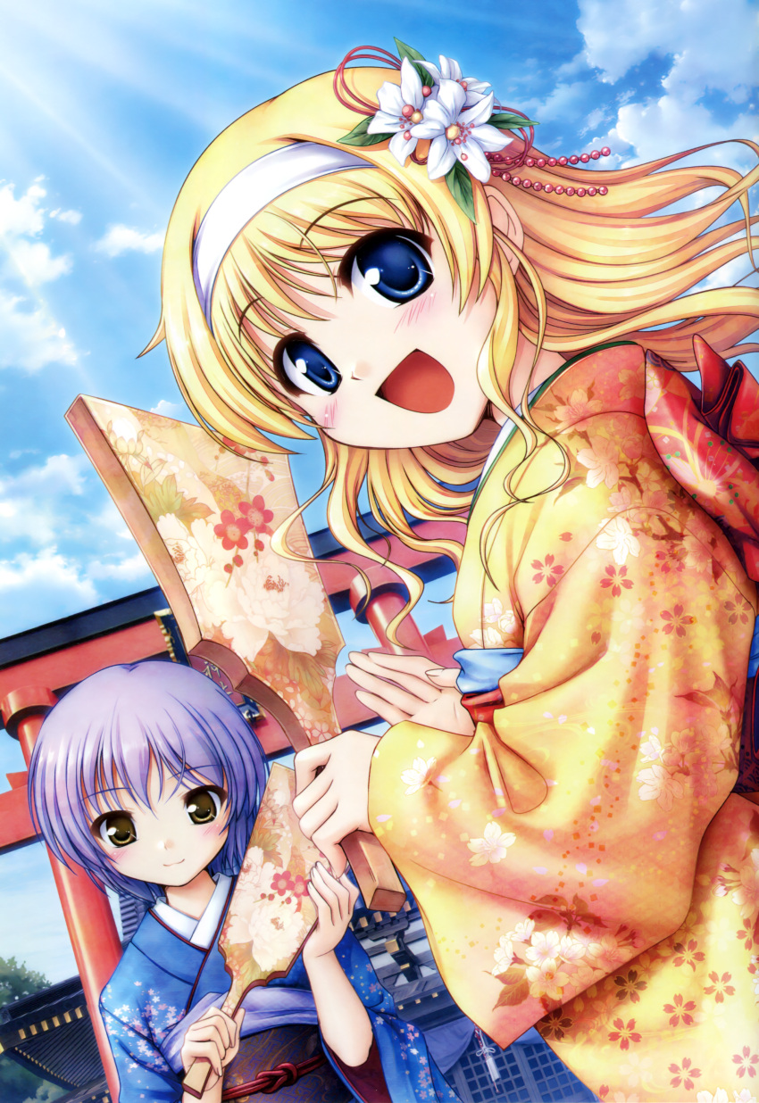 2girls, :3, :d, absurdres, bekkankou, blonde_hair, blue_eyes, brown_eyes