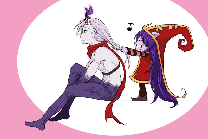 1boy, 1girl, animal_ears, green_dew, green_eyes, hat, headgear, league_of_legends, long_hair, lulu_(league_of_legends), open_mouth, pointy_ears, purple_hair, purple_skin, white_hair, witch_hat, yellow_eyes, yordle