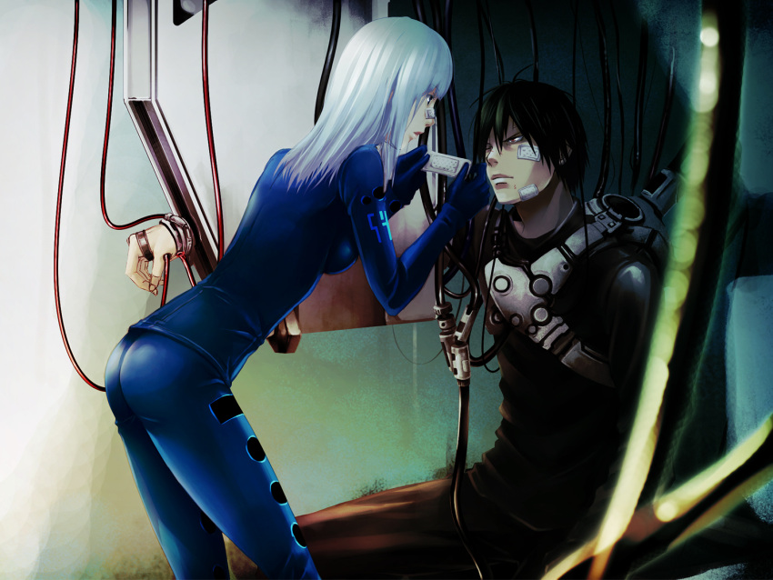 bandages, black_hair, blame!, cibo, cyberpunk, hose, injury, killy, red_eyes, tsukasa_(evg-low), white_hair, wince, wire