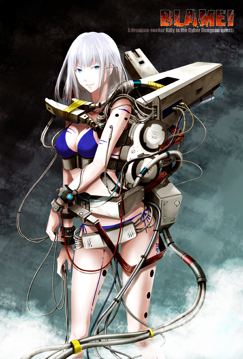 1girl, bikini, blame!, bra, cibo, cyberpunk, long_hair, science_fiction, solo, swimsuit, tsukasa_(evg-low), underwear, white_hair, wire