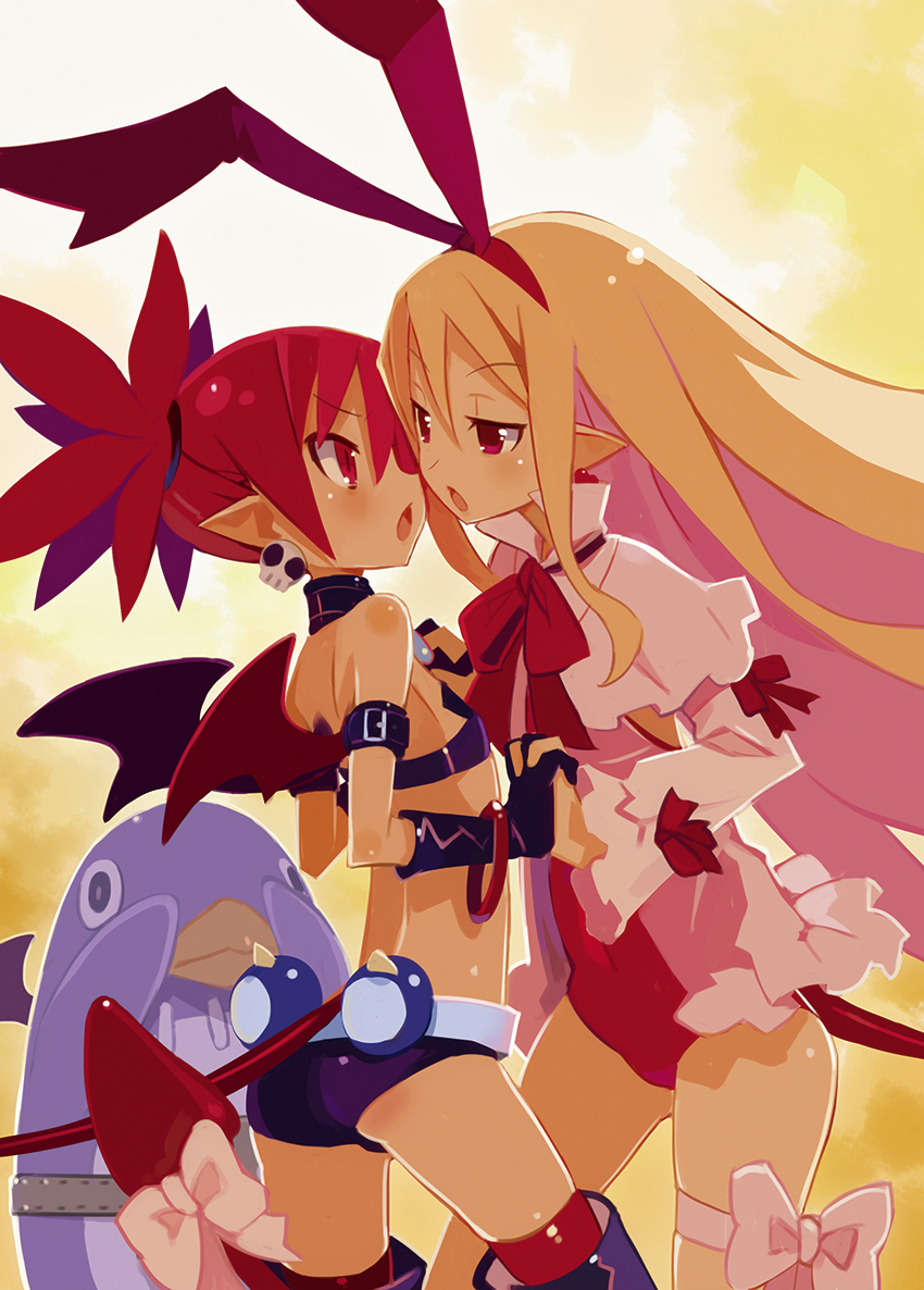 2girls, armband, ass, bangle, bare_shoulders, black_gloves, blonde_hair, boots, bracelet, choker, clothed_navel, covering_eyes, demon_girl, demon_tail, demon_wings, disgaea, disgaea_d2, earrings, etna, flat_chest, flonne, flonne_(fallen_angel), gloves, hair_ribbon, harada_takehito, holding_hands, interlocked_fingers, jewelry, long_hair, midriff, multiple_girls, official_art, open_mouth, peeking_through_fingers, pointy_ears, prinny, red_eyes, red_legwear, redhead, ribbon, short_shorts, shorts, tail, thigh_boots, thigh_ribbon, thighhighs, twintails, very_long_hair, wings, yuri