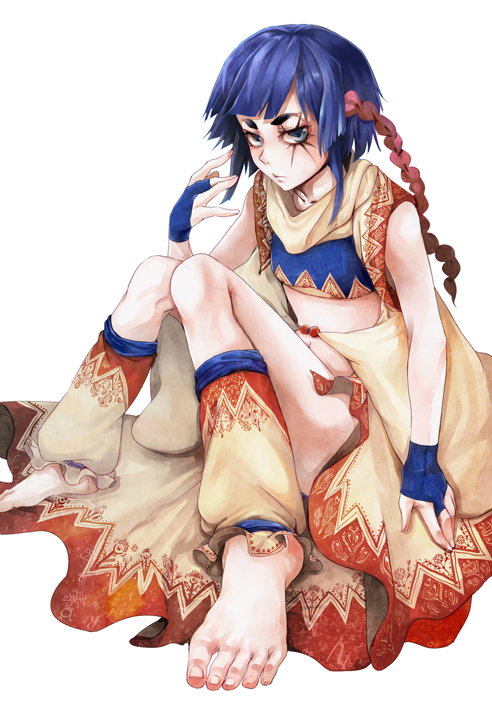 1girl, barefoot, black_eyes, blue_hair, braid, bridal_gauntlets, facial_mark, jojo_no_kimyou_na_bouken