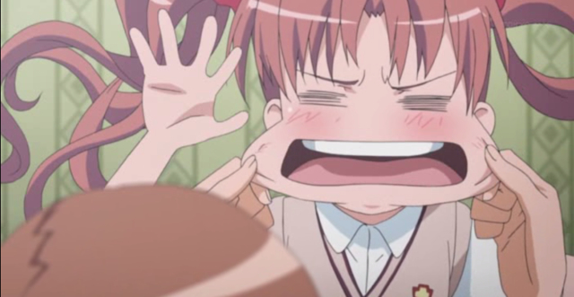 =_=, angry, blush, brown_hair, face_tug, girl, hair_ribbon, lol