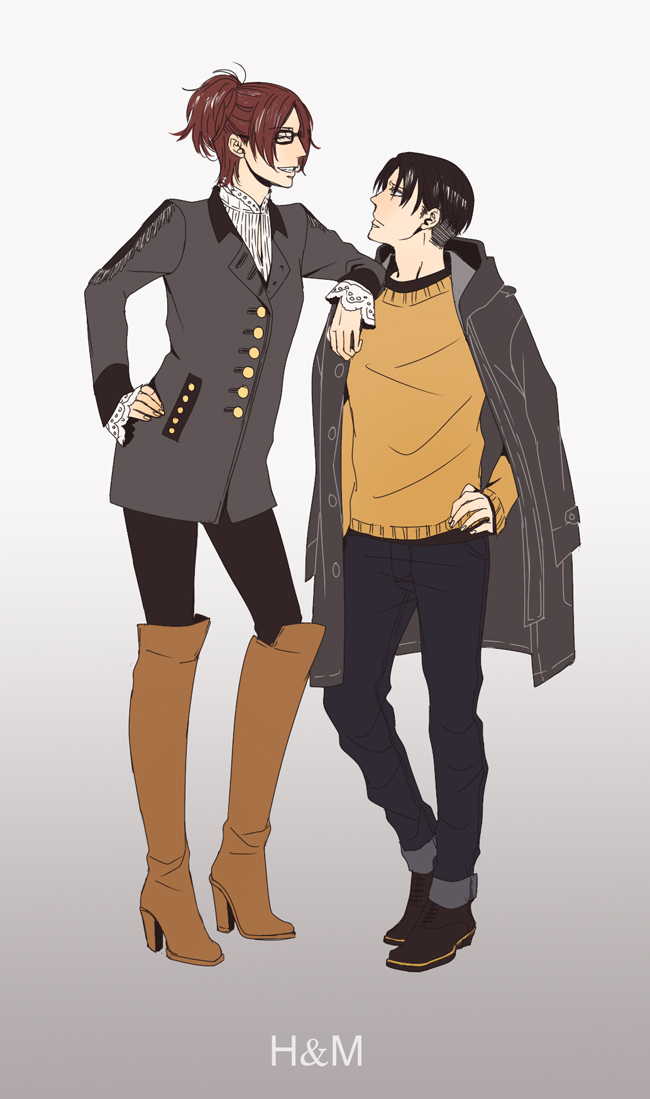 1boy, 1girl, alternate_costume, fuu_(pixiv502572), glasses, hange_zoe, height_difference, levi_(shingeki_no_kyojin)