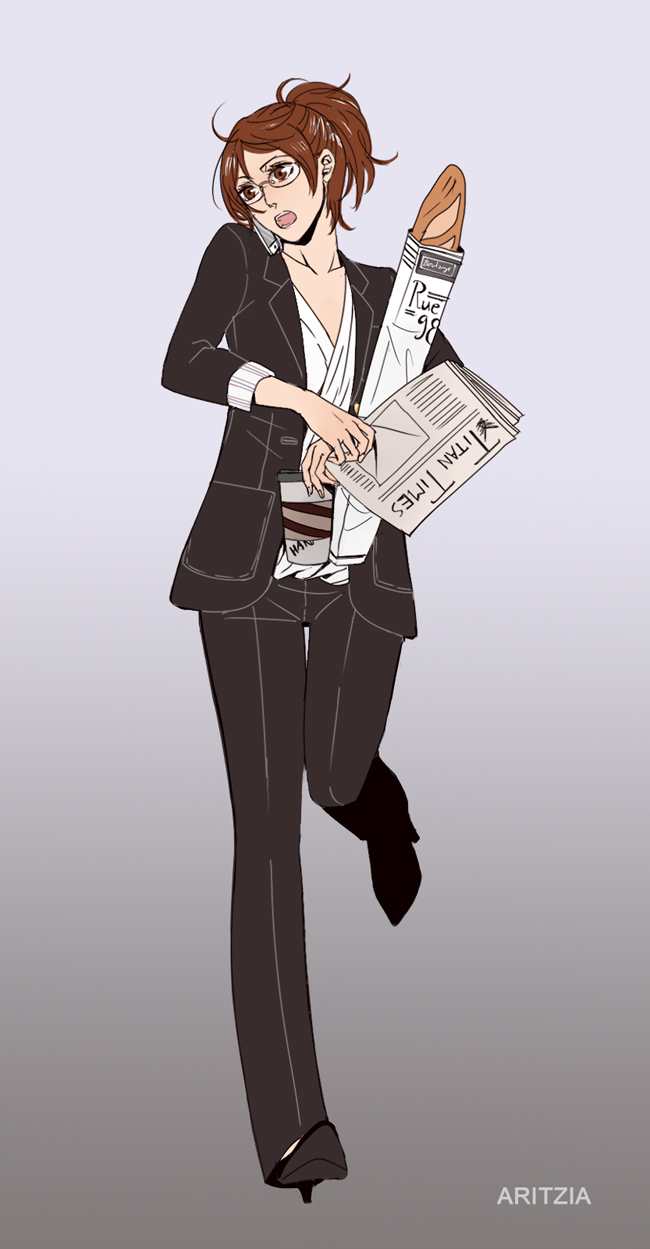 1girl, alternate_costume, bread, brown_hair, food, fuu_(pixiv502572), glasses, hange_zoe