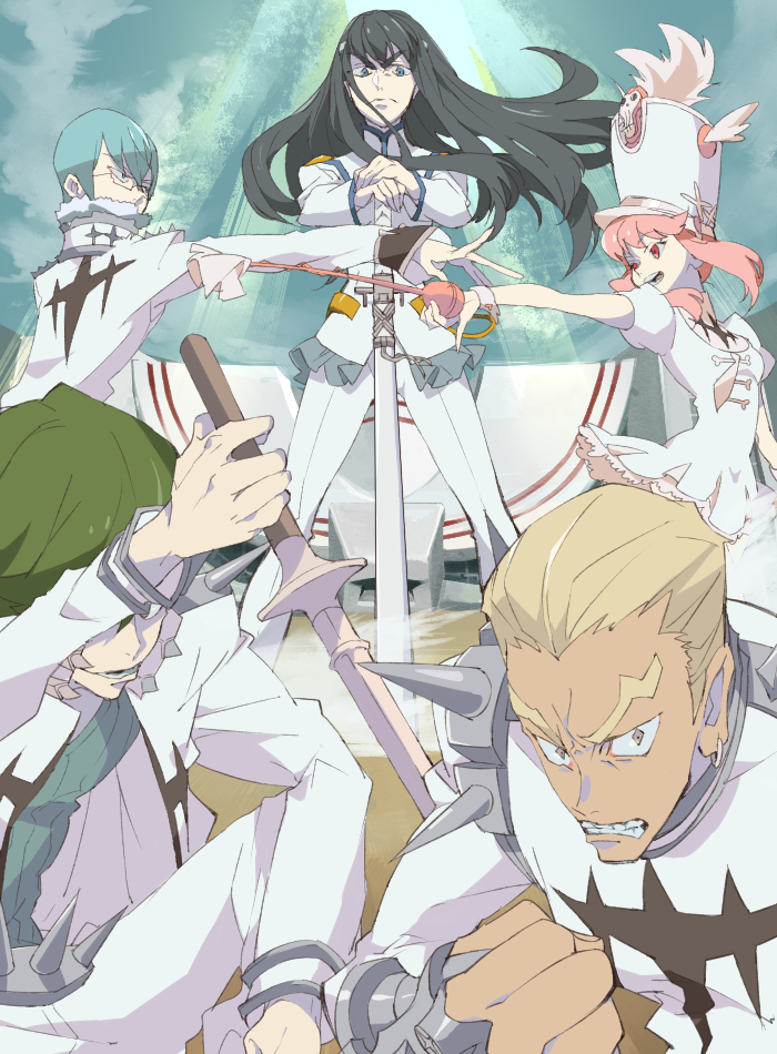 2girls, 3boys, baton, black_hair, blonde_hair, blue_hair, gamagouri_ira, green_hair, hat, inumuta_houka, jakuzure_nonon, kill_la_kill, kiryuuin_satsuki, mochida64, multiple_boys, multiple_girls, pink_hair, sanageyama_uzu, sword, uniform, weapon