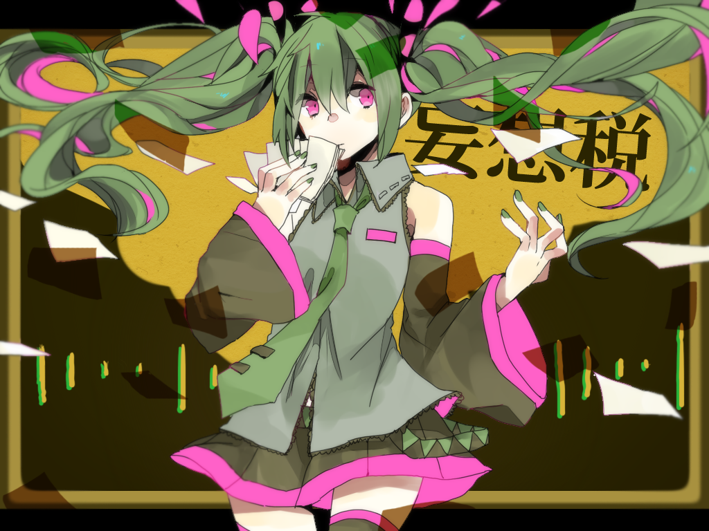 1girl, aaniko, copyright_name, detached_sleeves, green_hair, hatsune_miku, long_hair, nail_polish