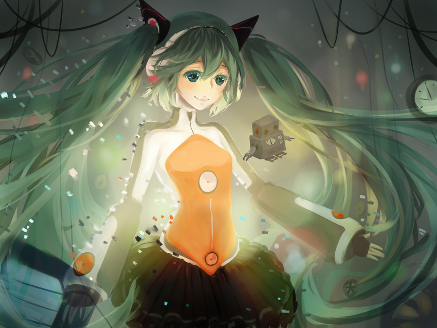 1girl, clock, fingerless_gloves, gloves, green_eyes, green_hair, hatsune_miku, headphones, long_hair, mavis, odds_&amp;_ends_(vocaloid), robot, smile, solo, twintails, very_long_hair, vocaloid