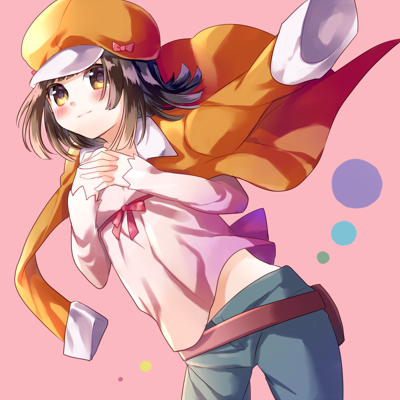 1girl, bakemonogatari, black_hair, brown_eyes, brown_hair, cabbie_hat, hat, jacket