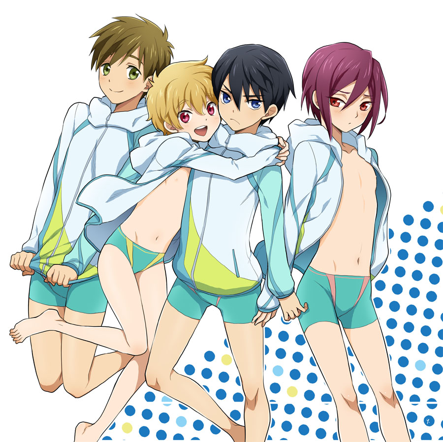 4boys, black_hair, blonde_hair, blush, brown_hair, child, free!, green_eyes, hato_niku, hazuki_nagisa, hug, jacket, matsuoka_rin, multiple_boys, nanase_haruka_(free!), navel, open_mouth, red_eyes, redhead, swim_briefs, tachibana_makoto, young