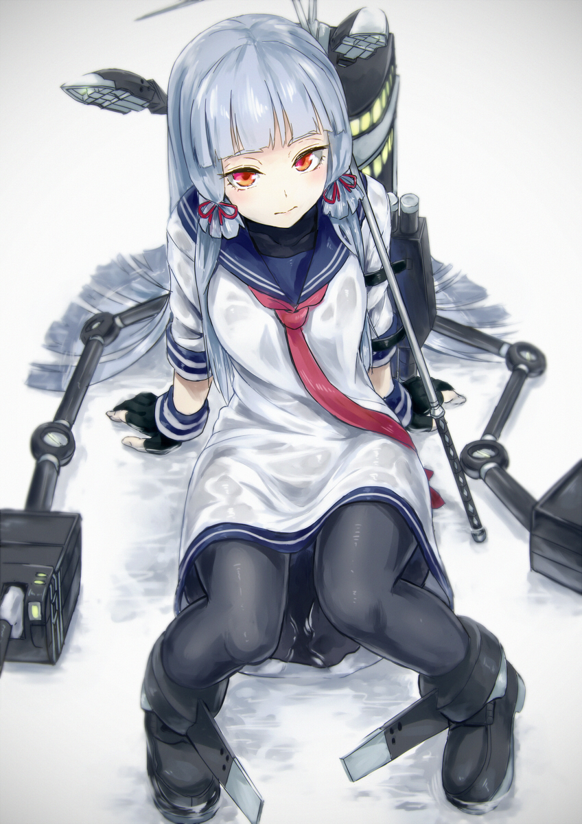 1girl, arm_support, black_legwear, blush, fingerless_gloves, gloves, hair_ribbon, highres