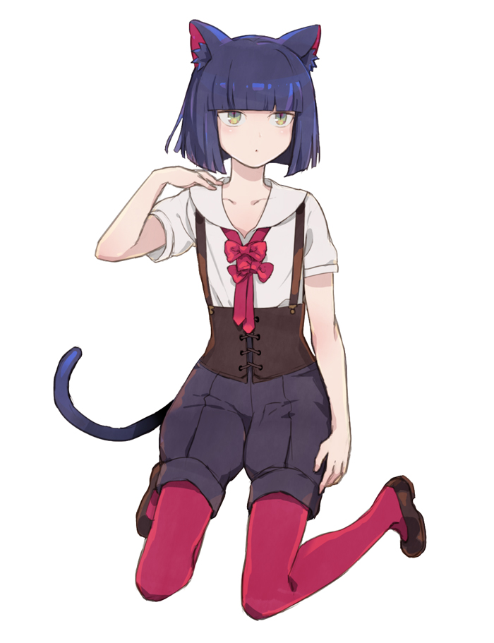 1boy, androgynous, animal_ears, blue_hair, blush, bob_cut, cat_ears, cat_tail, green_eyes, kuroi, kuroinyan, pantyhose, pixiv_fantasia, pixiv_fantasia_new_world, red_legwear, ribbon, short_hair, solo, tail, trap