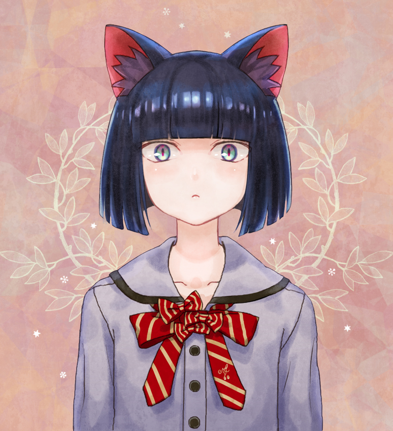 1boy, :<, androgynous, animal_ears, blue_eyes, blue_hair, bob_cut, cat_ears, kuroi, kuroinyan, pixiv_fantasia, pixiv_fantasia_new_world, ribbon, short_hair, solo, tail, trap