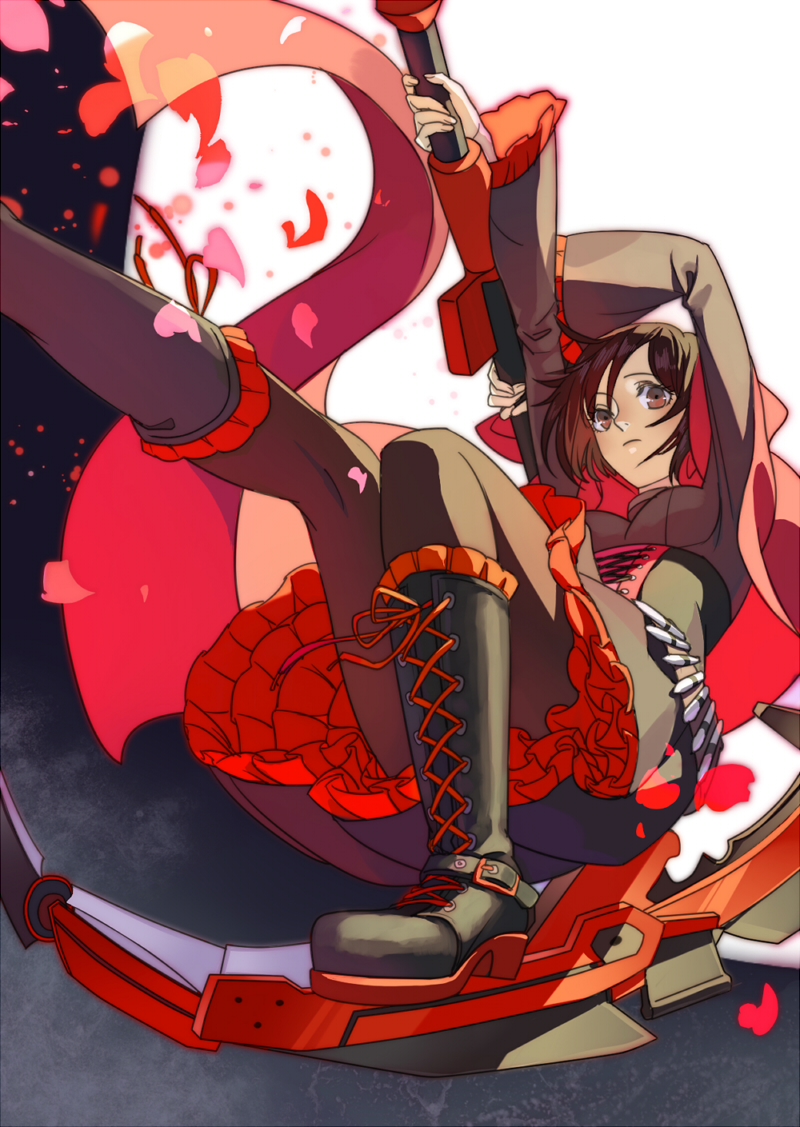 1girl, boots, brown_eyes, brown_hair, buming, cross-laced_footwear, dress, moon, petals, ruby_rose, rwby, scythe, short_hair, solo, weapon