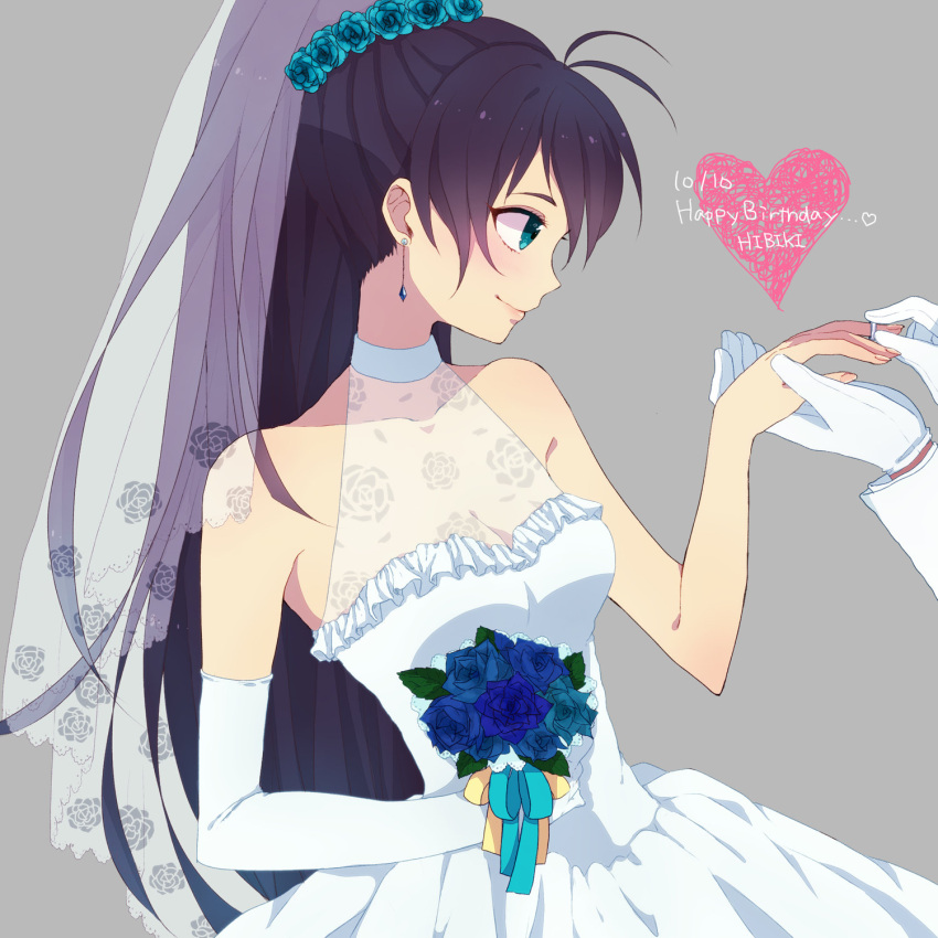 2013, bare_shoulders, blue_eyes, bouquet, dress, earrings, flower, ganaha_hibiki, gloves, happy_birthday, highres, idolmaster, iketsuko, jewelry, ponytail, profile, ring, rose, smile, veil, wedding_dress