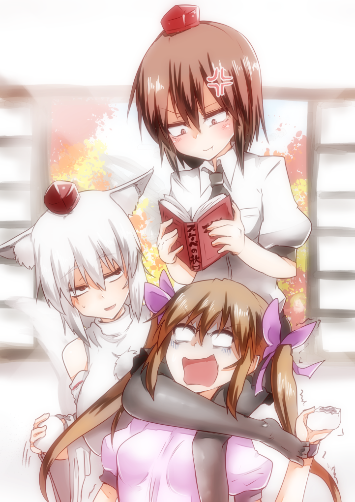 3girls, angry, animal_ears, black_legwear, blush, brown_eyes, brown_hair, error