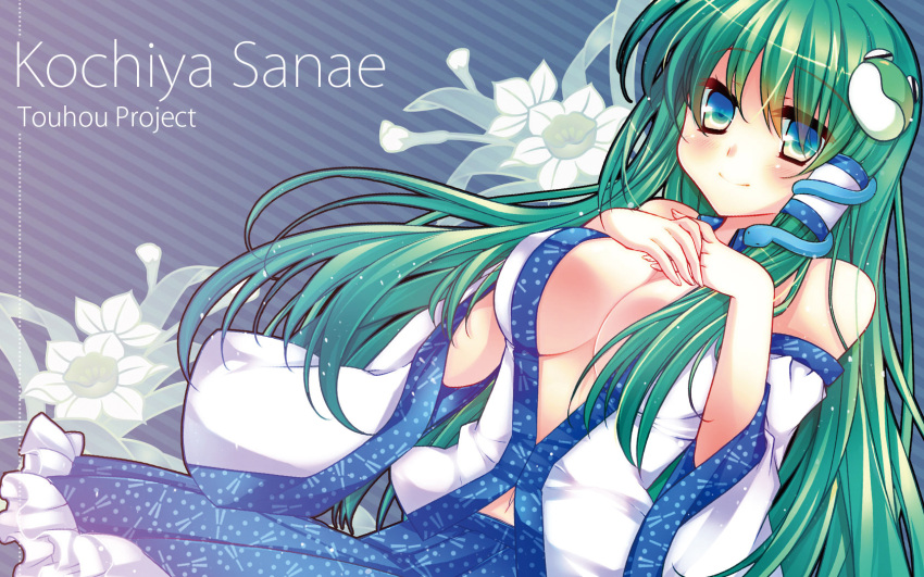 1girl, akao, bare_shoulders, blue_eyes, blush, breasts, detached_sleeves, flower