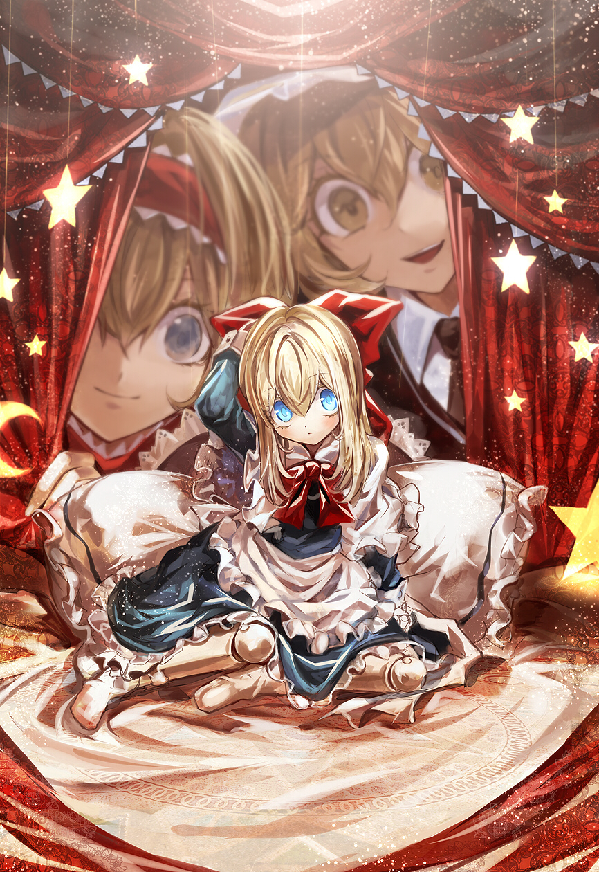 2girls, alice_margatroid, arm_up, blonde_hair, blue_eyes, blush, bow, capelet