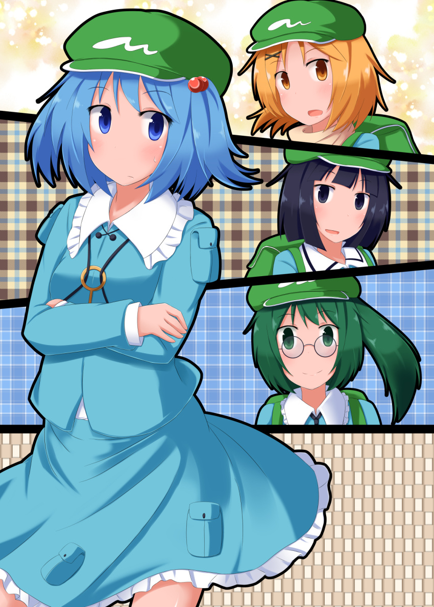 4girls, :o, backpack, bag, black_eyes, black_hair, blue_eyes, blue_hair
