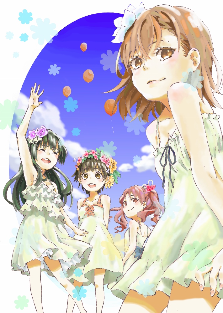 black_hair, brown_hair, dress, flower, hair_flower, hair_ornament, head_wreath, long_hair, misaka_mikoto, nappa_(parodymarket), saten_ruiko, shirai_kuroko, short_hair, to_aru_kagaku_no_railgun, to_aru_majutsu_no_index, uiharu_kazari