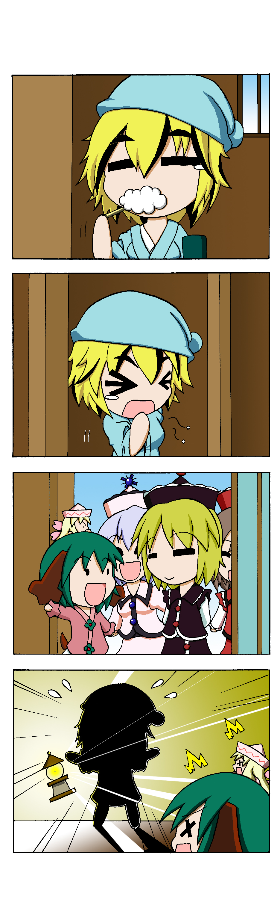>_<, /\/\/\, 4koma, 6+girls, =_=, ^_^, absurdres, alternate_costume, animal_ears, bishamonten's_pagoda, blonde_hair, brown_hair, brushing_teeth, closed_eyes, comic, cup, dress, flying_sweatdrops, green_hair, hachimakirin, hat, highres, kasodani_kyouko, lily_white, lunasa_prismriver, lyrica_prismriver, merlin_prismriver, multicolored_hair, multiple_girls, nightcap, nightgown, outstretched_arm, short_hair, silhouette, skirt, skirt_set, smile, tail, toramaru_shou, touhou, two-tone_hair, white_hair, x_x, yawning