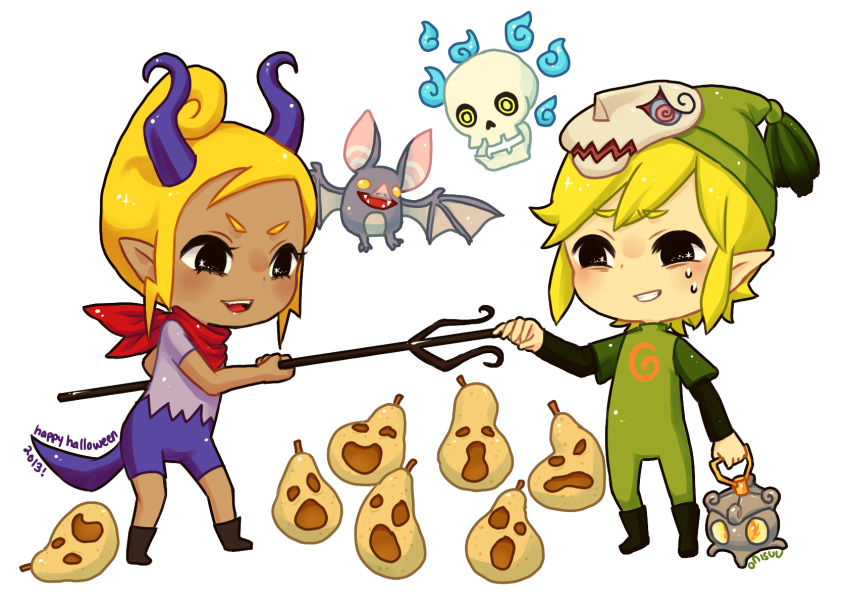 1boy, 1girl, 2013, artist_name, bandana, bat, blonde_hair, dark_skin