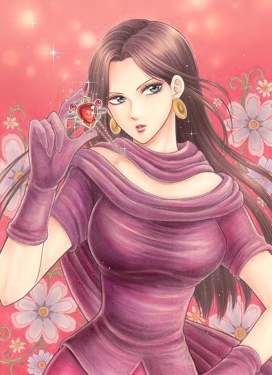 1girl, black_hair, blue_eyes, colored_pencil_(medium), earrings, gloves, jewelry, jojo_no_kimyou_na_bouken