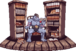 book, bookshelf, chair, faux_figurine, isometric, lowres, machoke, no_humans, pixel_art, pokemon, pokemon_(creature), reading, sitting, warabin_(suteki_denpun)