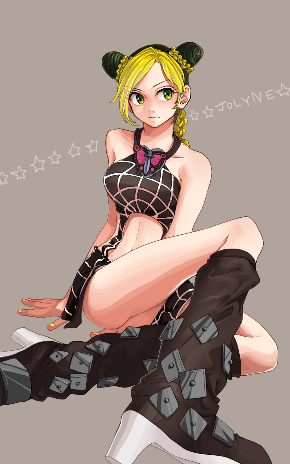 1girl, black_hair, blonde_hair, boots, braid, double_bun, green_eyes, highres