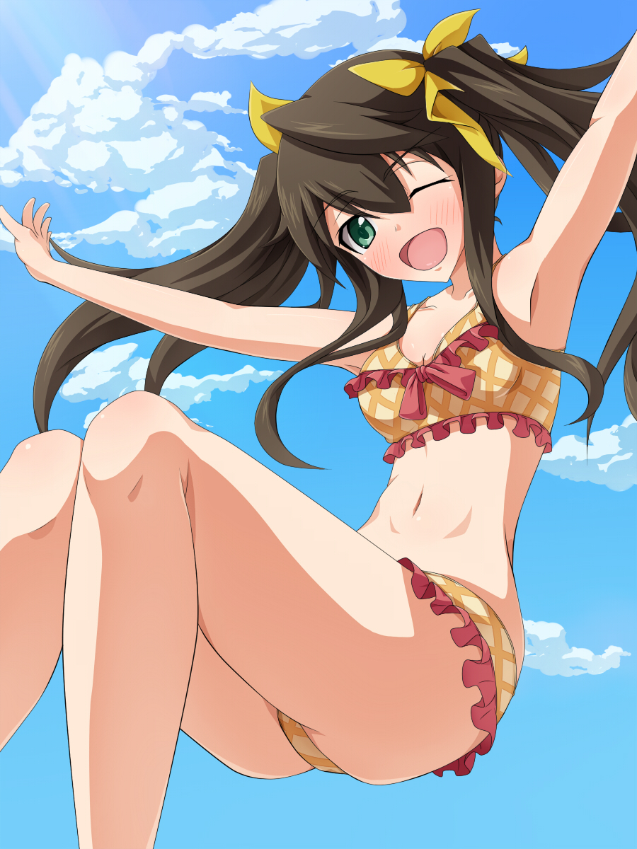 1girl, bikini, brown_hair, fang, green_eyes, highres, huang_lingyin, infinite_stratos