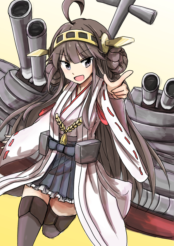 1girl, :d, bare_shoulders, brown_hair, detached_sleeves, double_bun, gotaishu, hair_ornament