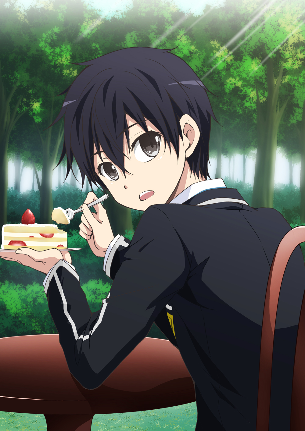 1boy, black_eyes, black_hair, cake, food, fork, haruhana, highres