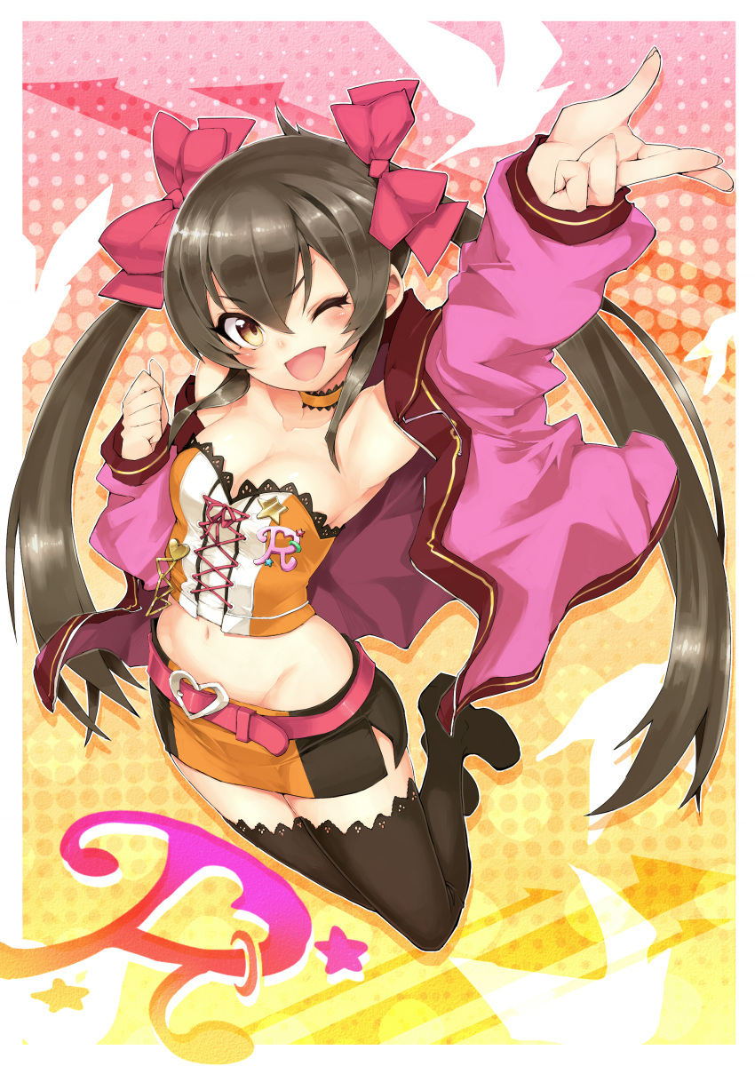 1girl, absurdres, angelo_(gomahangetsu), arm_up, bare_shoulders, black_hair, blush, breasts