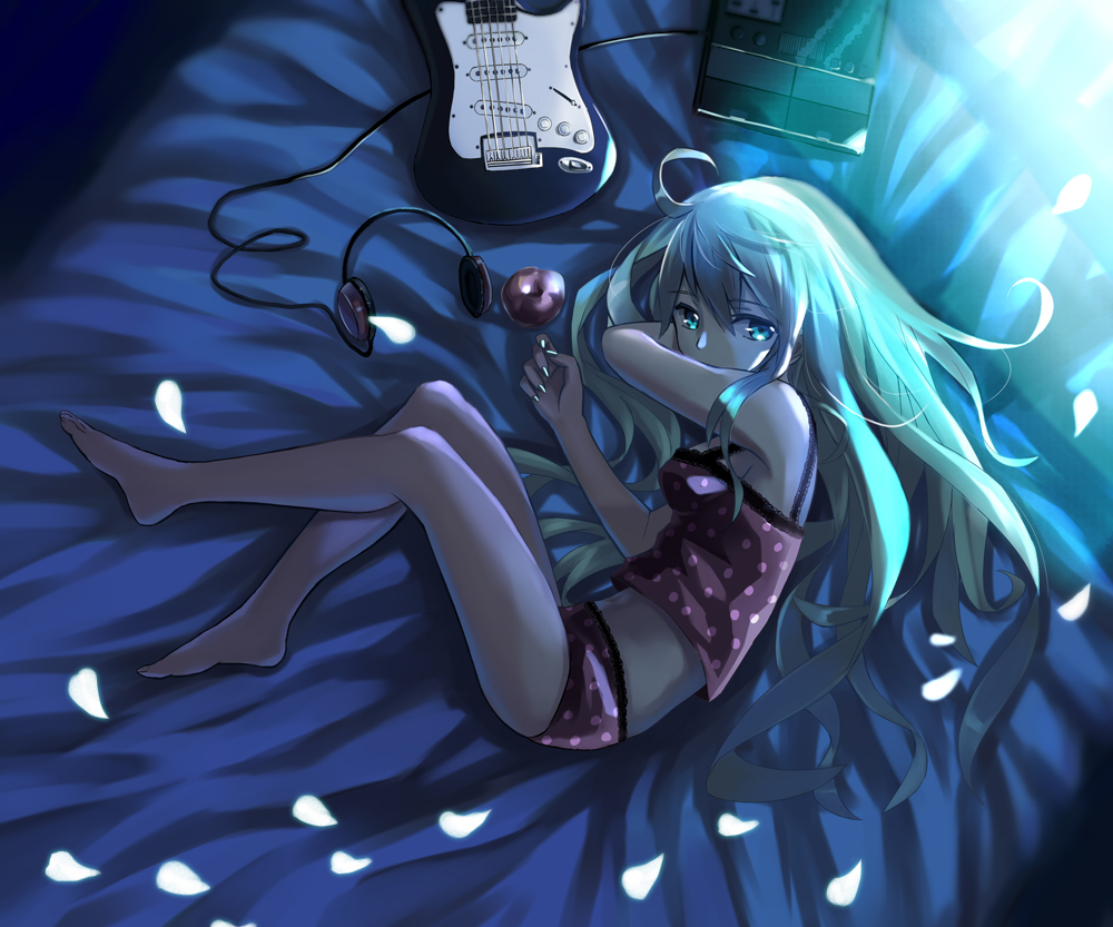 1girl, apple, camisole, electric_guitar, food, fruit, green_eyes, green_hair, guitar, hatsune_miku, headphones, instrument, kamisa, long_hair, lying, on_side, petals, romeo_to_cinderella_(vocaloid), solo, vocaloid