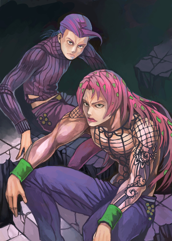 2boys, birdmountain, diavolo, freckles, jojo_no_kimyou_na_bouken, long_hair, midriff, multiple_boys