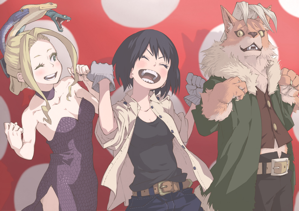 2girls, belt, gloves, horikoshi, multiple_girls, snake